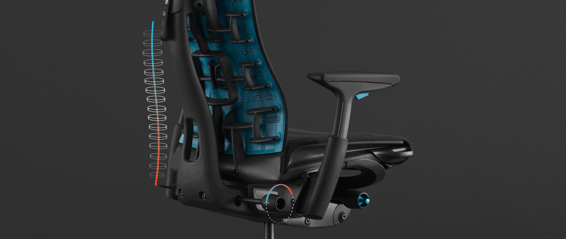 An animation highlighting the Embody Gaming Chair’s BackFit adjustment, overlaid on a photo of the chair on a black background.