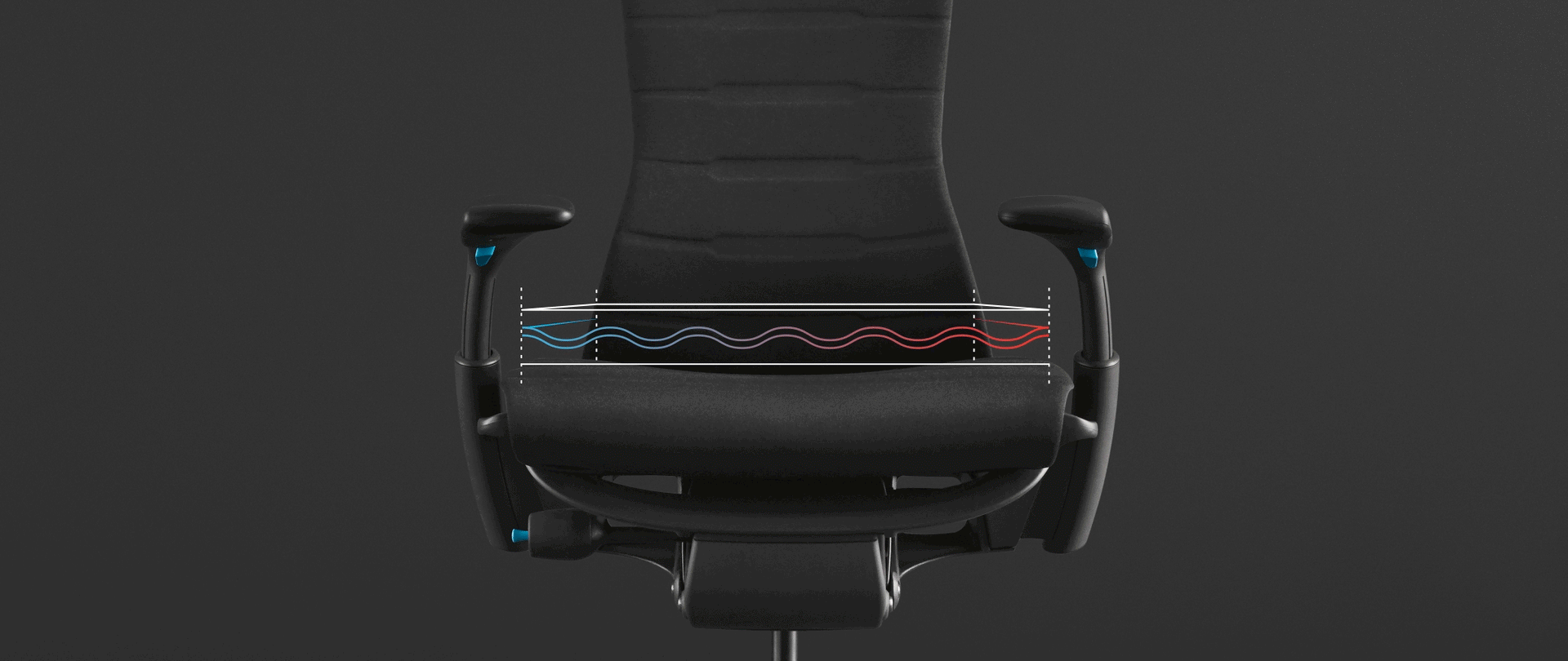 An animation highlighting the new cooling foam in the Embody Gaming Chair’s seat, overlaid on a photo of the chair on a black background.